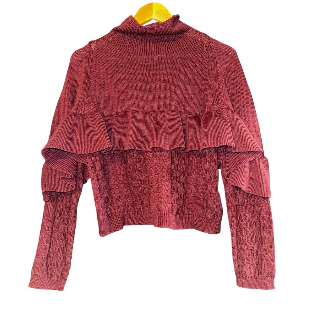 Project Naadam Cable Knit Sweater Womens Small Ruffle Mock Neck Long Crop Red